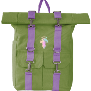 Plecak AYAHUASCA Roll Top zwijany na laptopa limonkowy z fioletowymi taśmami