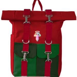 Czerwony plecak na laptopa z zielonymi kieszeniami